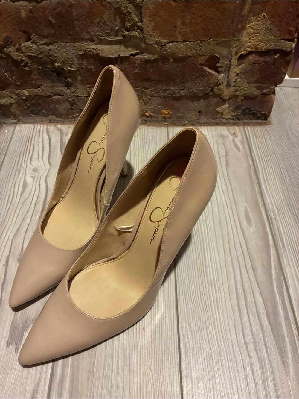 Jessica Simpson Nude Patent Pointed Toe Pumps - Picture 2 of 8